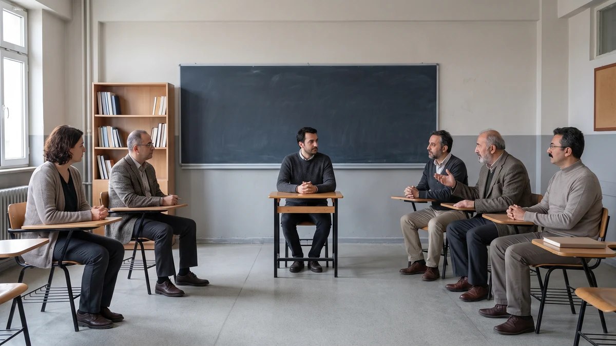 Üniversite sınıfında beş kişilik jüri karşısında sözlü doktora yeterlik sınavına giren öğrenci.