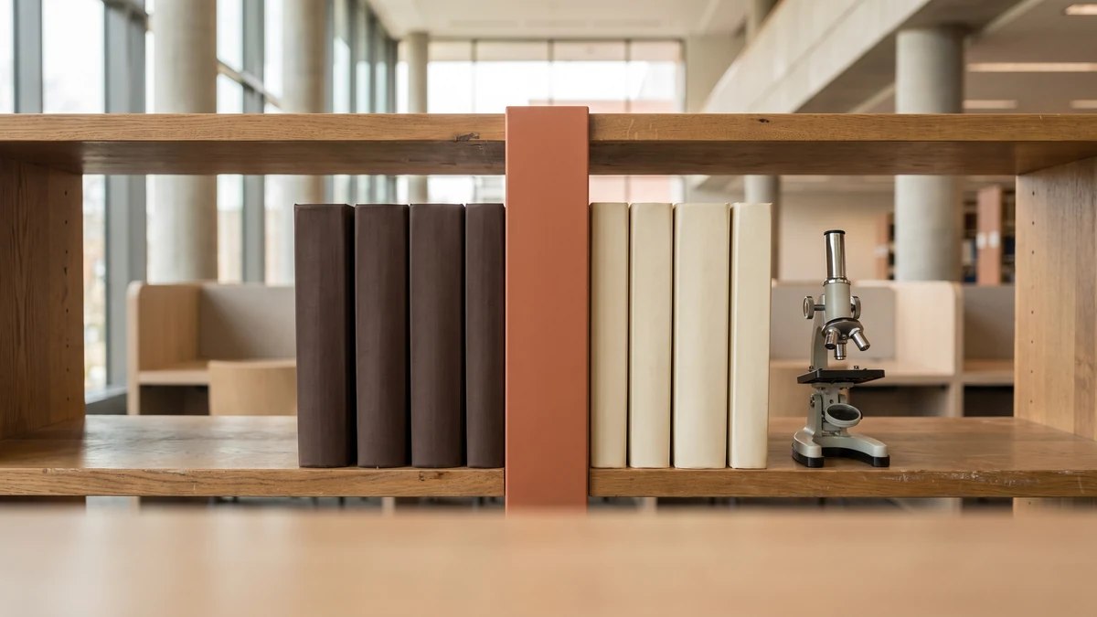 Üniversite araştırma kütüphanesinde iki akademik koleksiyonu ayıran terracotta raf bölücüsü ve mikroskop.
