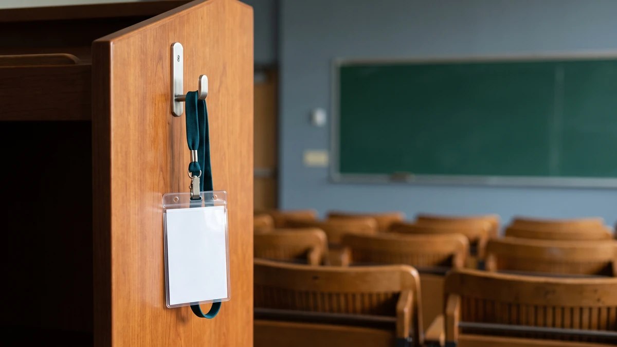 Üniversite dersliğindeki ahşap kürsüye asılı boş akademik personel kartı.