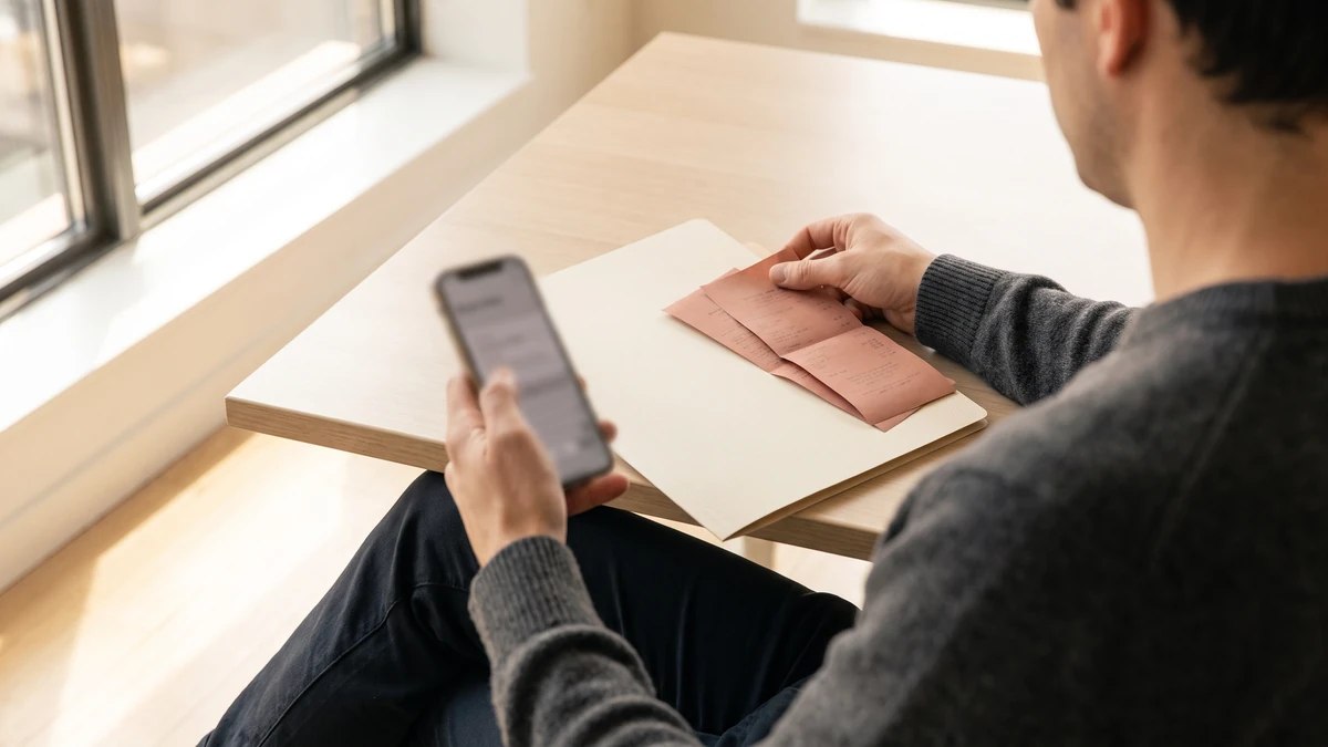 Telefonundaki arabuluculuk davetini incelerken sözleşme ve ödeme kayıtlarını düzenleyen kişi.