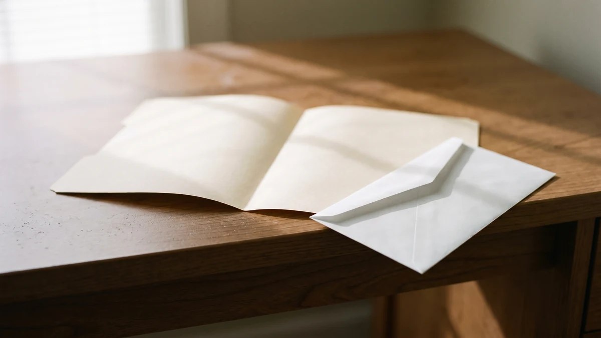 Kişisiz kurumsal still-life: ahşap masada duran açık boş bir klasör, yanında yere doğru hafif eğilmiş tek beyaz zarf, soldan yumuşak doğal pencere ışığı; okunabilir metin, ekran, logo, insan ve el yok.