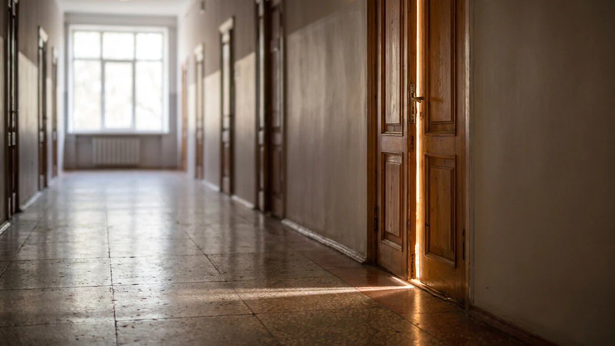 üniversite koridorunda aralık duran, içeriye gün ışığı vuran kapı