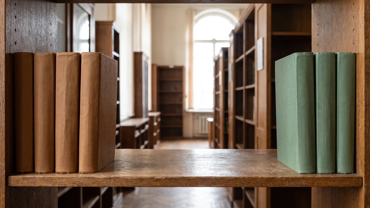 Üniversite kütüphanesinde iki kitap grubu arasında boş bir raf aralığı durmaktadır.