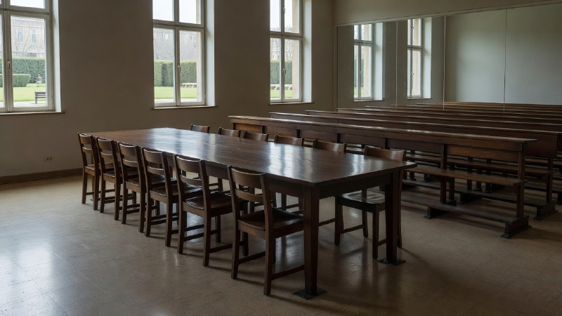 Üniversite disiplin kurulu salonunda boş bir toplantı masası, ahşap sandalyeler ve yandaki sabit sıralar durmaktadır.