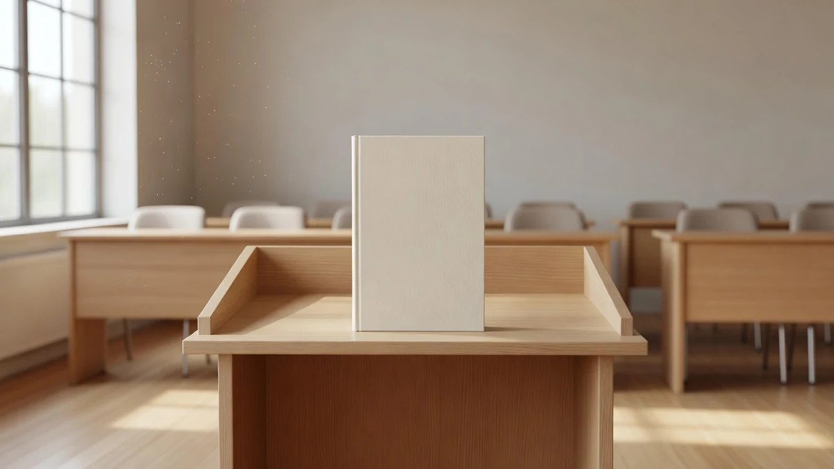 Boş üniversite seminer odasında kürsüde duran tek kapalı cilt.