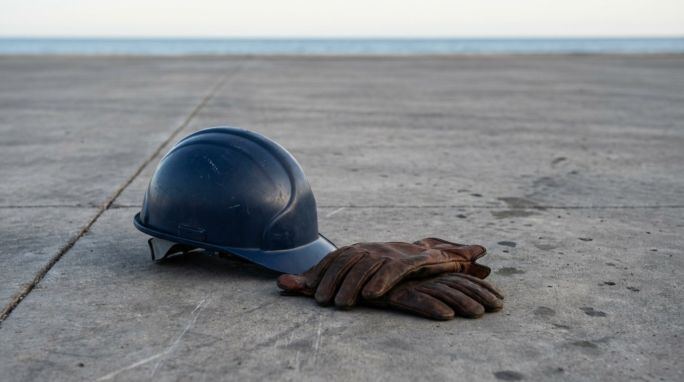 Mersin kıyısındaki çalışma alanında beton zemin üzerinde baret ve iş eldivenleri.