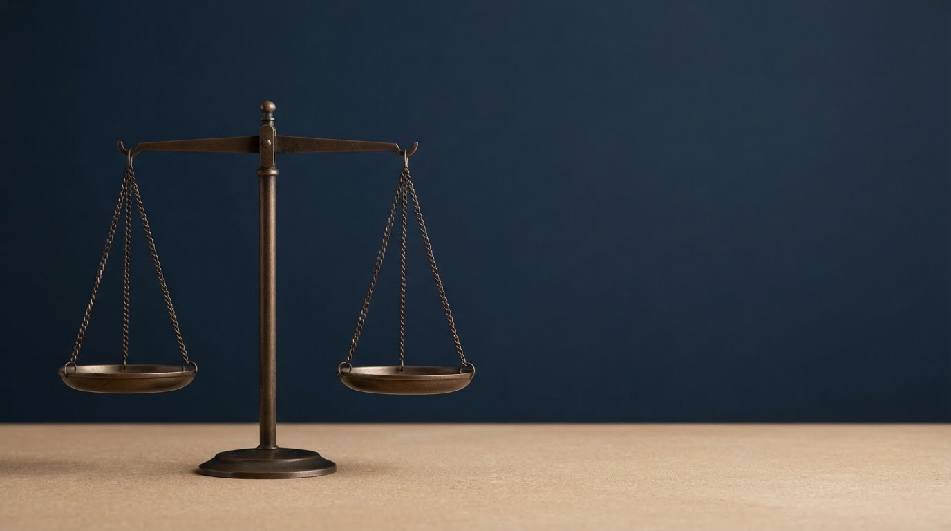 Lacivert arka planda dengede duran bronz adalet terazisi